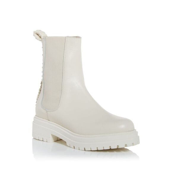 ELLEME Womens White Pull Tab Chouchou Round Toe Block Heel Leather Boots 38